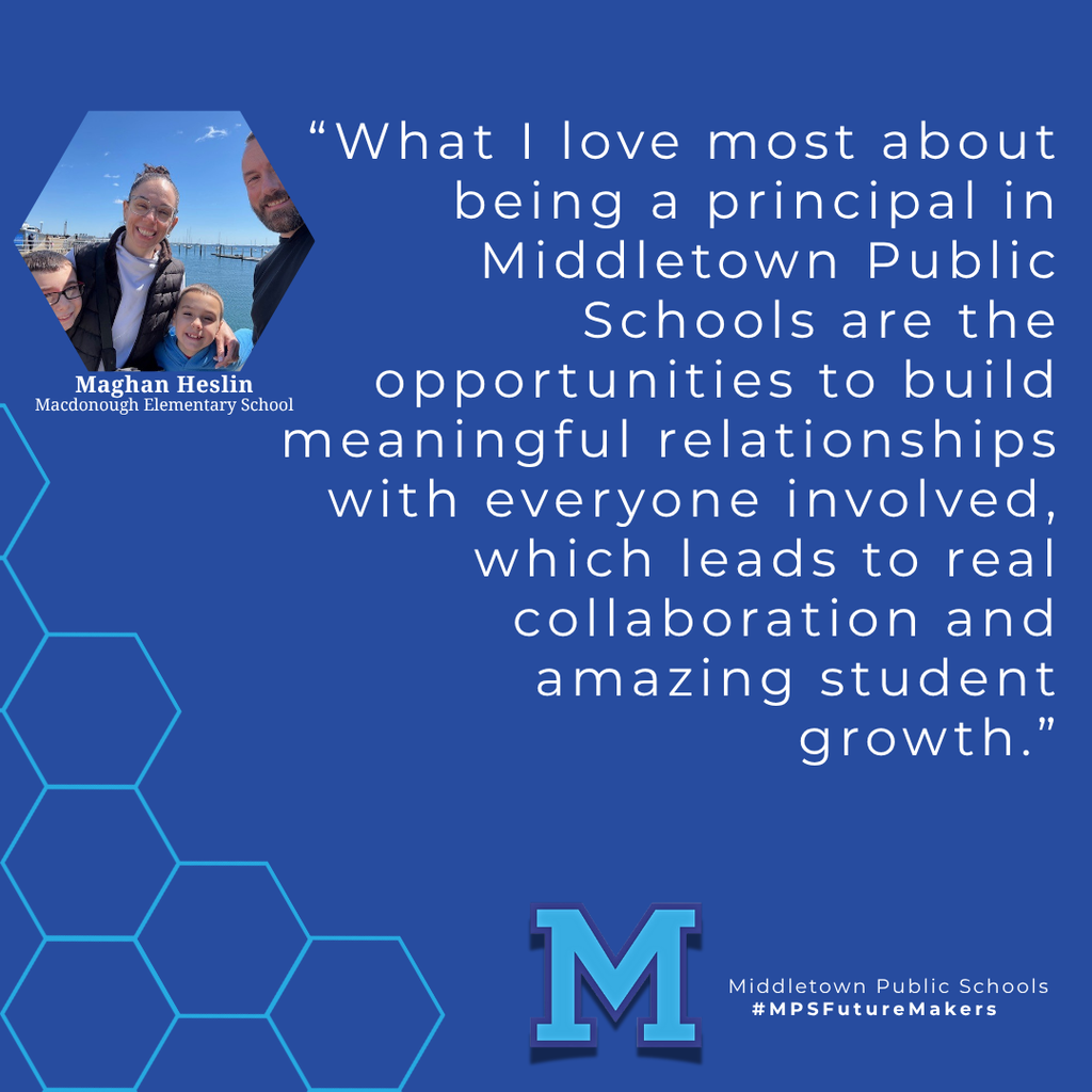 A woman standing in front of a waterfront background with two young children and an adult male. The image includes a quote from the woman and school branding.