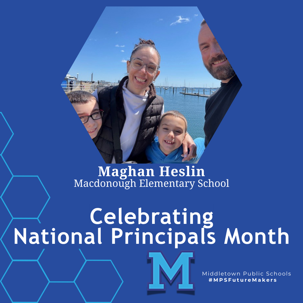 A woman standing in front of a waterfront background with two young children and an adult male. The image celebrates National Principals Month and includes school branding.