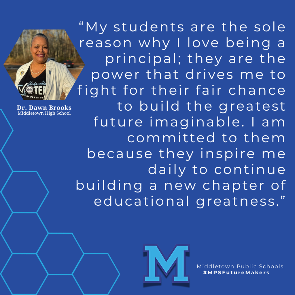 A woman standing and smiling in front of an outdoors background. The image includes a quote from the woman and school branding.