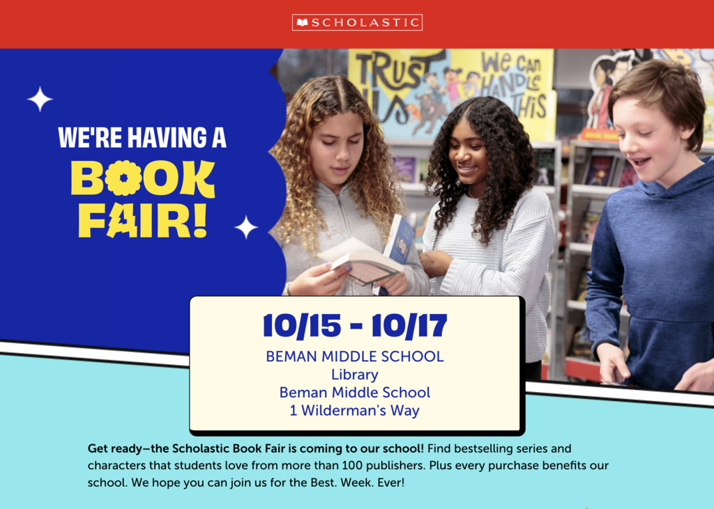 "We're having a Book Fair! 10/15-10/17 Beman Middle School Library"