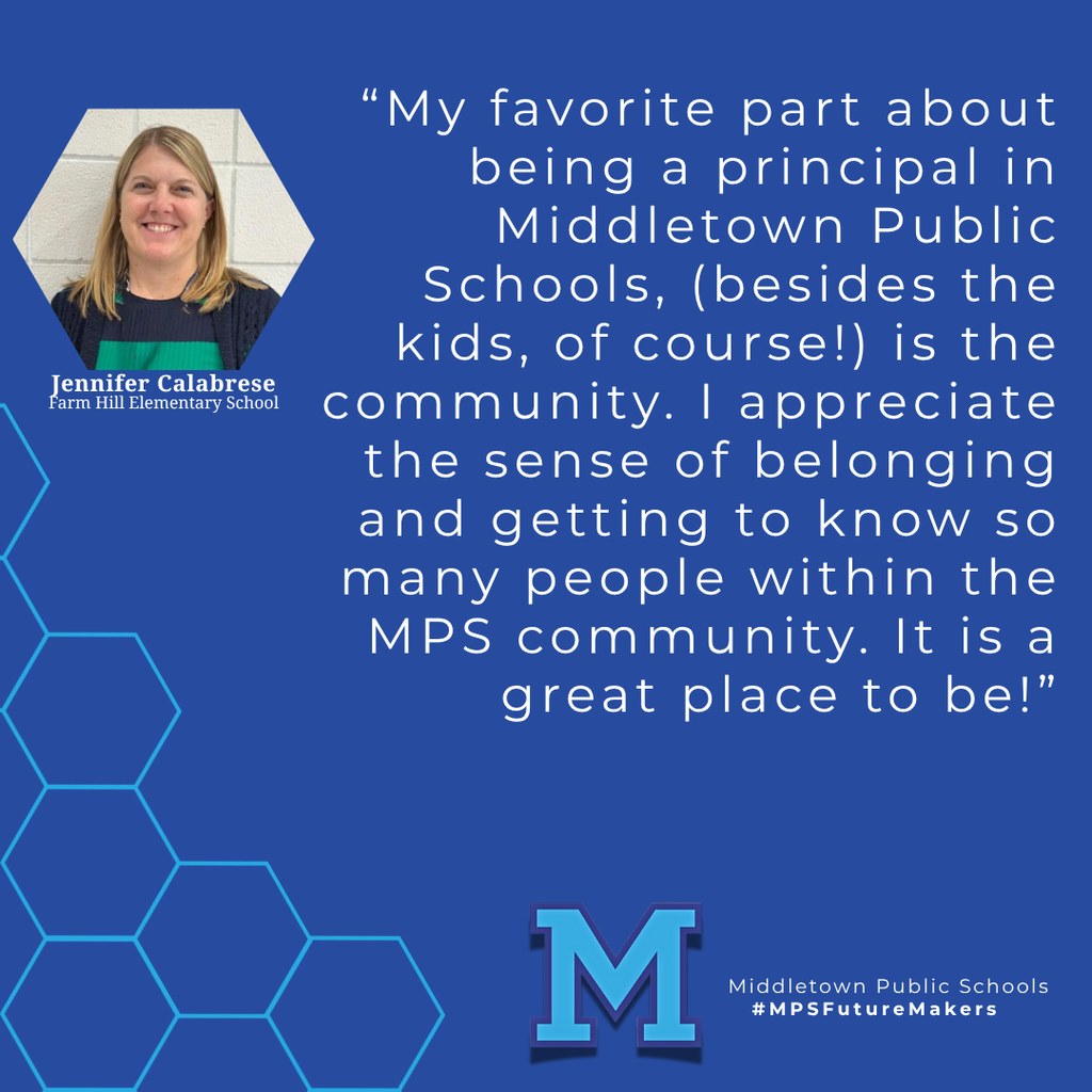 A woman in a blue and green sweater smiling in front of a white brick background. The graphic includes a quote and school branding marking National Principals Month.