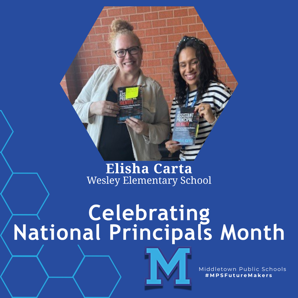 Two women holding books in front of a brick wall and smiling. The image celebrates National Principals Month and includes school branding.