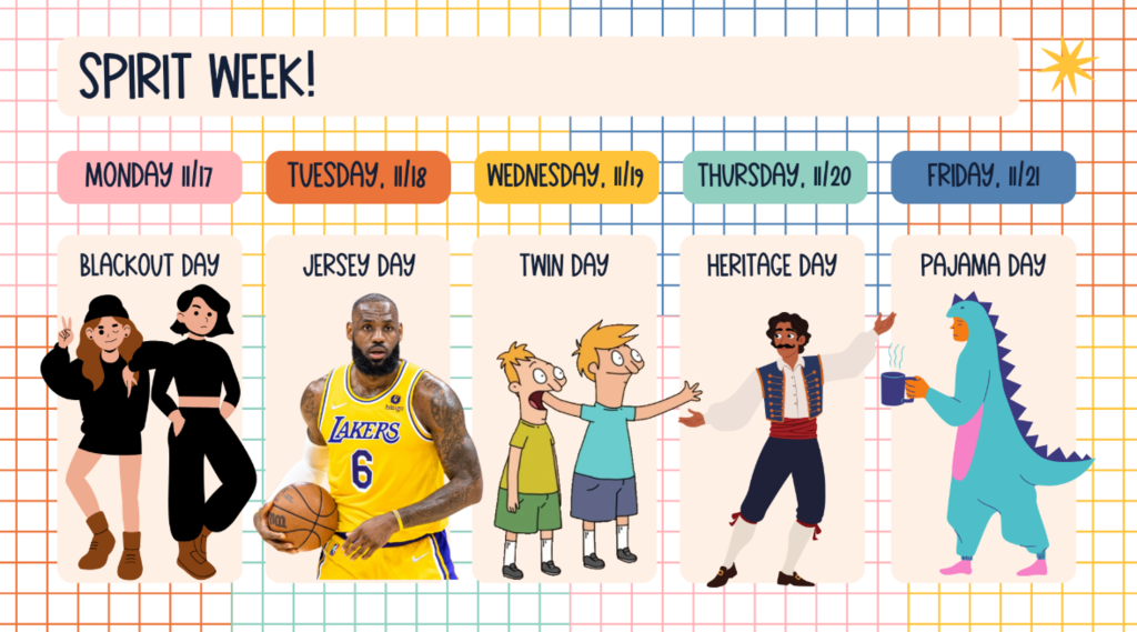 Monday, 11/17 - Blackout Day Tuesday, 11/18 - Jersey Day Wednesday, 11/19 - Twin Day Thursday., 11/20 - Heritage Day Friday, 11/21 - Pajama Day