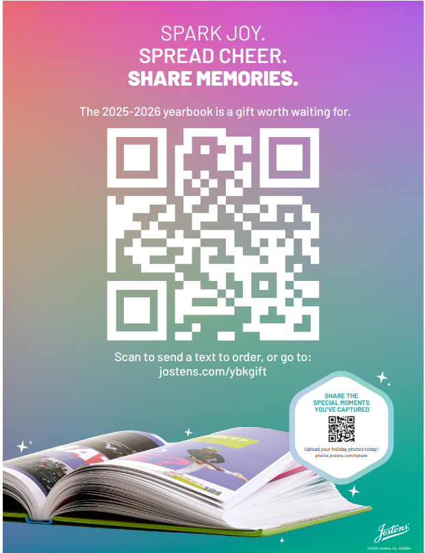 "Spark Joy. Spread Cheer, Share Memories" QR Code , to this link https://www.jostens.com/yearbooks/students-and-parents/about-yearbooks?utm_campaign=YBK_SY26_STANDARD_GENERAL_EN_20250701&utm_medium=vanity_URL&utm_source=flyers
