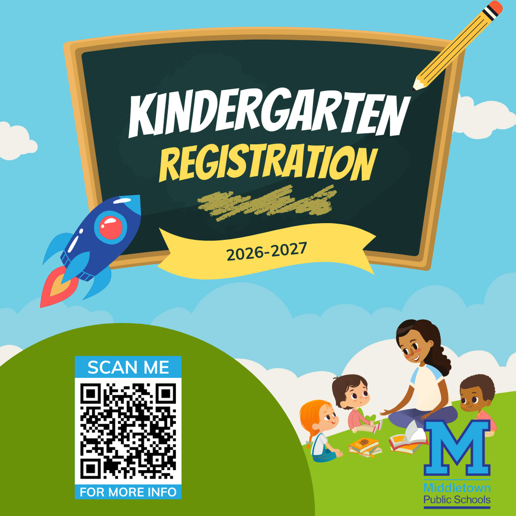 Infographic highlighting Kindergarten registration for the 2026-2027 school year in Middletown Public Schools