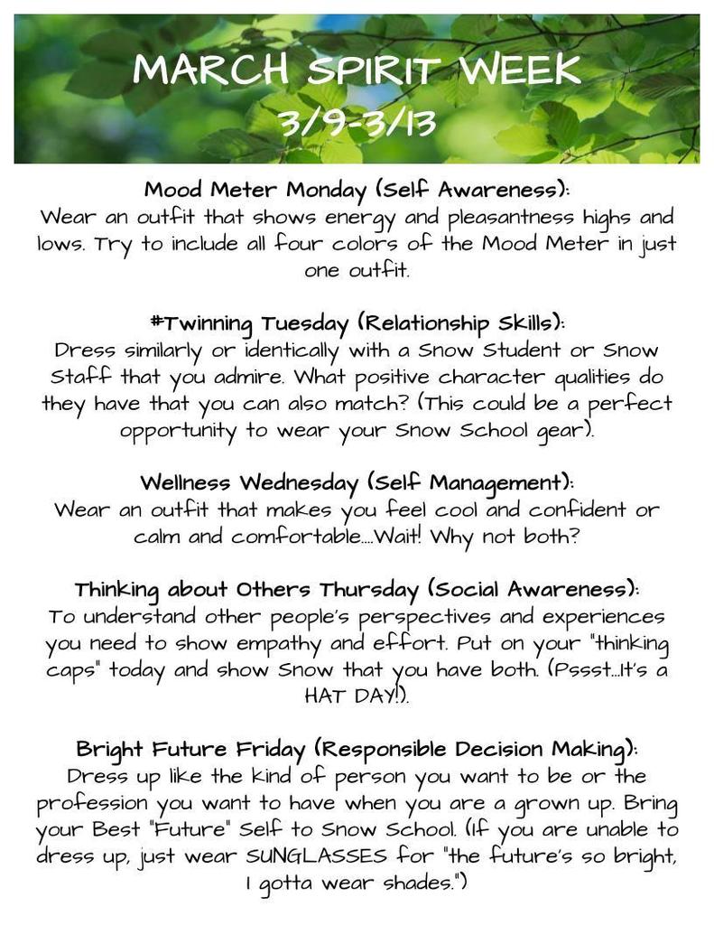 March Spirit Week Descriptions