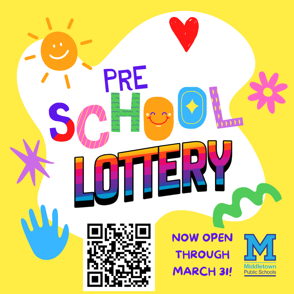 Announcement for pre-school lottery opening, with QR code and Middletown Public Schools logo