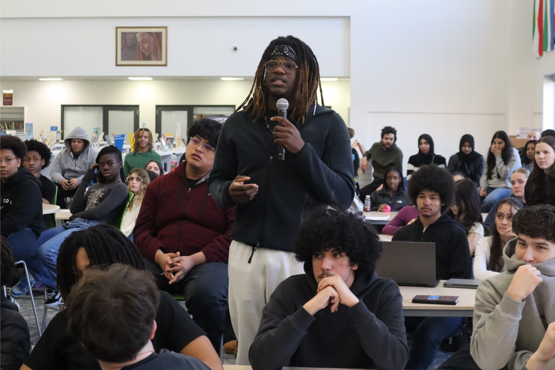 Students are engaged and asking questions during Wednesday's Q&A session with Gov. Lamont.