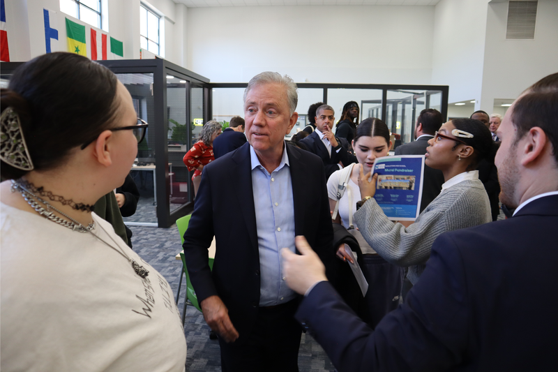 Gov. Lamont catches up with students at MHS following Wednesday's Q&A session.