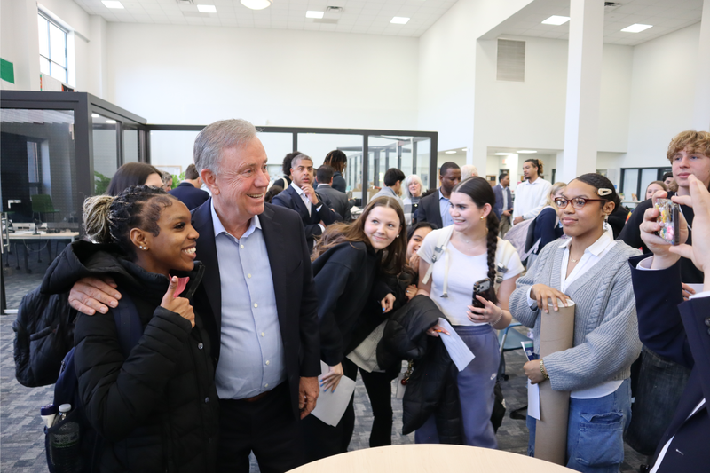 Gov. Lamont catches up with students at MHS following Wednesday's Q&A session.