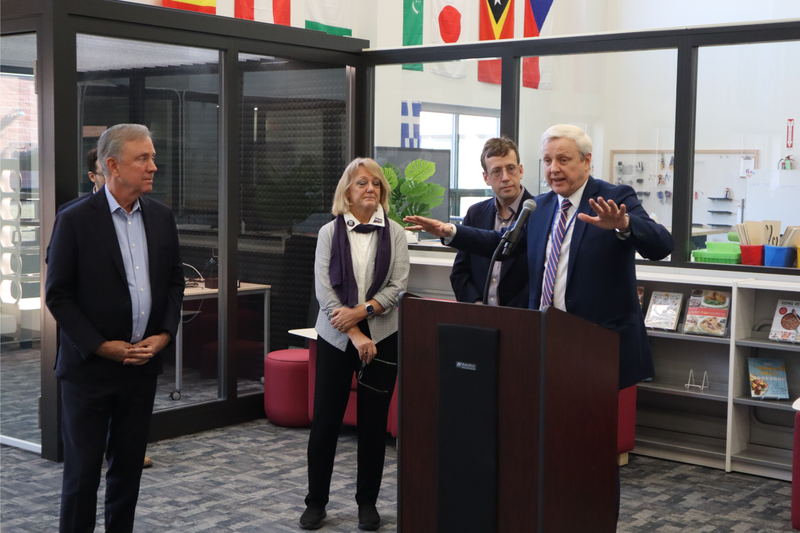Dr. Alan Addley, Interim Superintendent of Schools, speaks to the MHS student body gathered for Wednesday's Q&A session with Gov. Lamont.