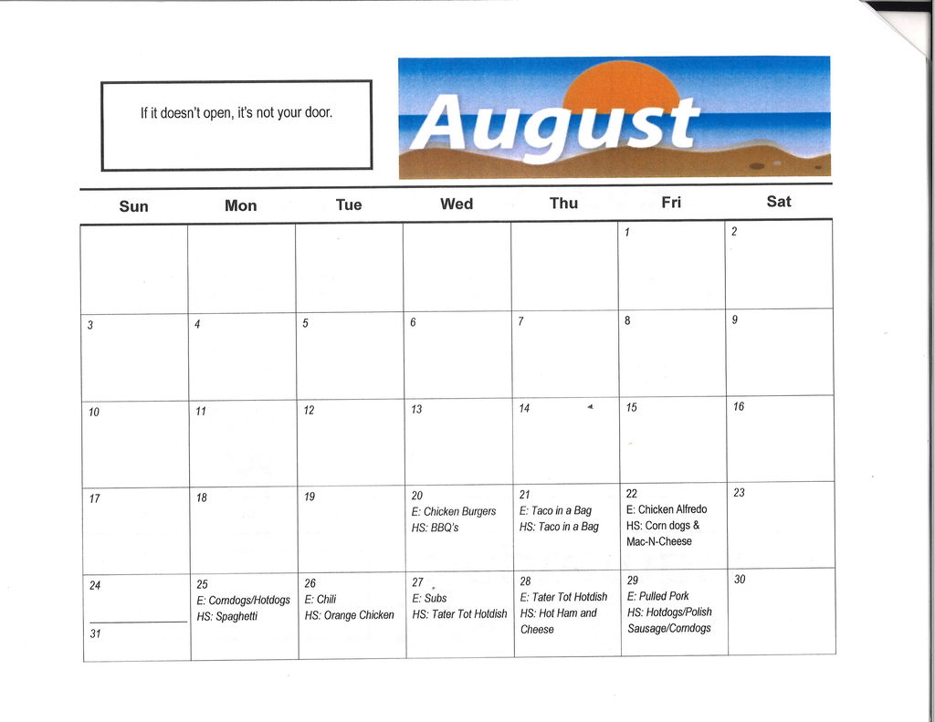 August 2025 Lunch Menu