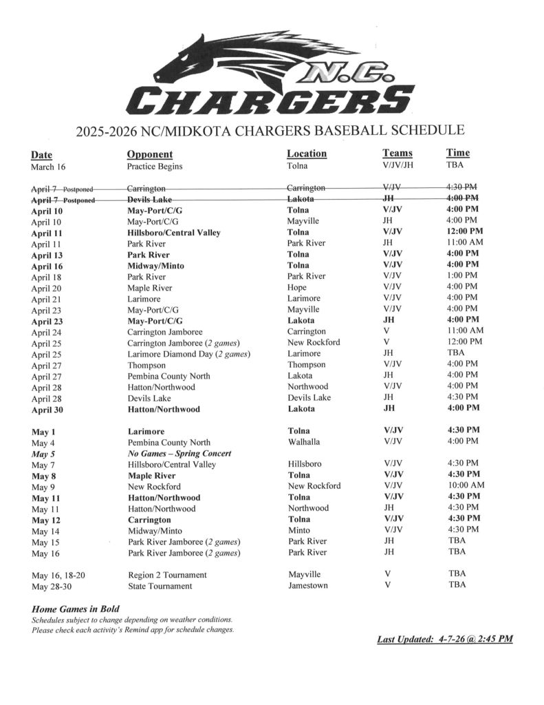 Baseball Schedule 4.7.26