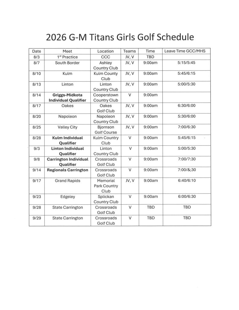 2026 Girls Golf Schedule