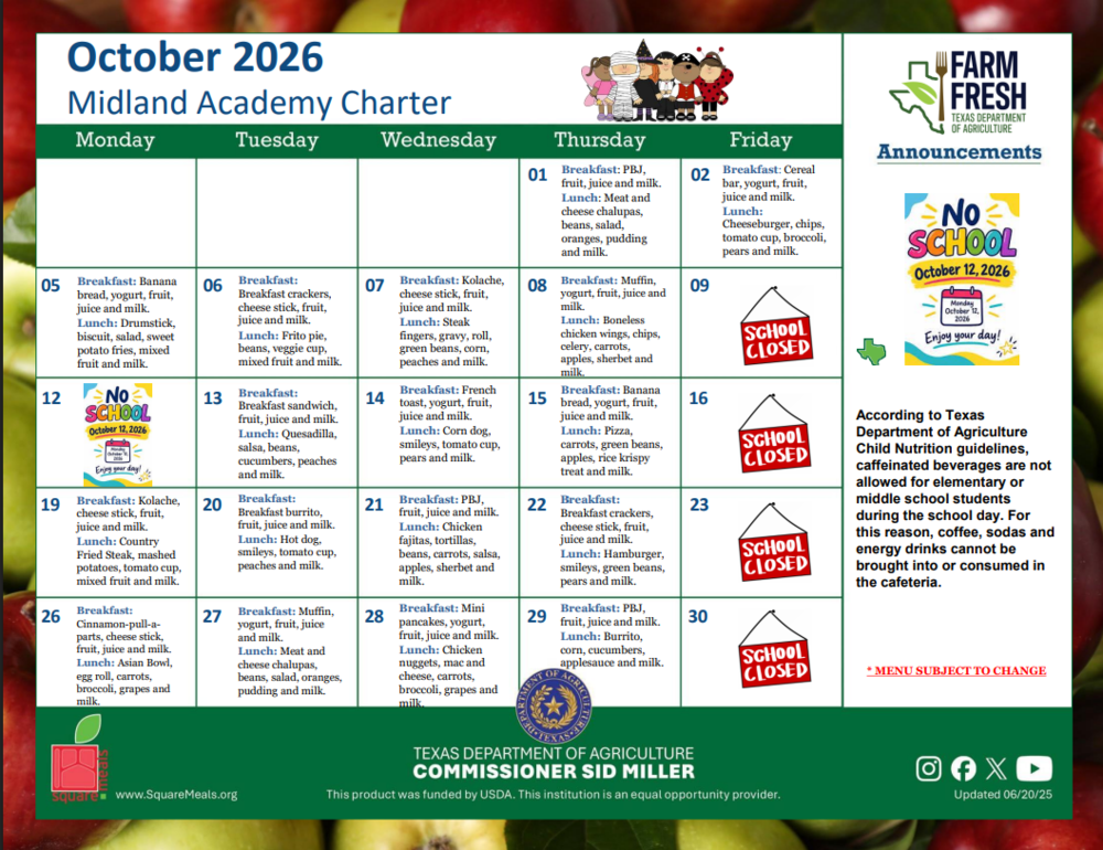 October 2026 Menu