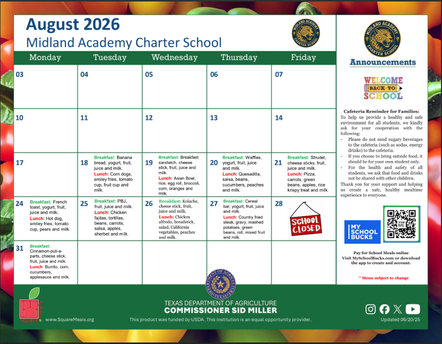 August 2026 Cafeteria Menu