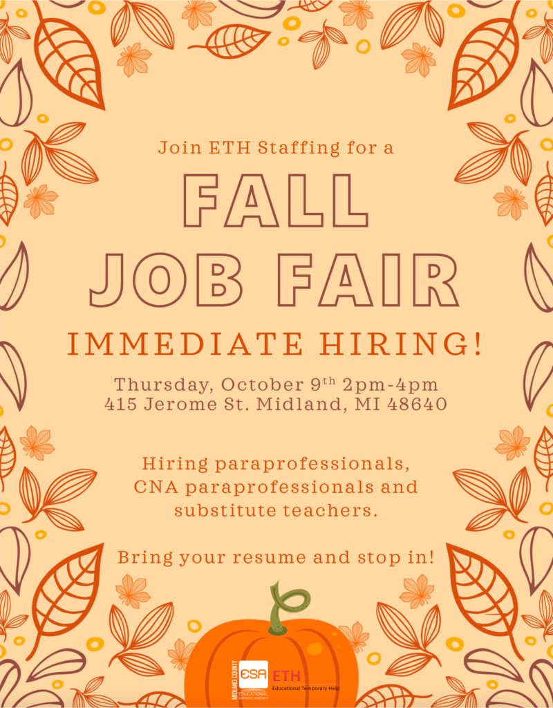 Fall job fair immediately hiring Oct 9 2 p.m. to 4 p.m.
