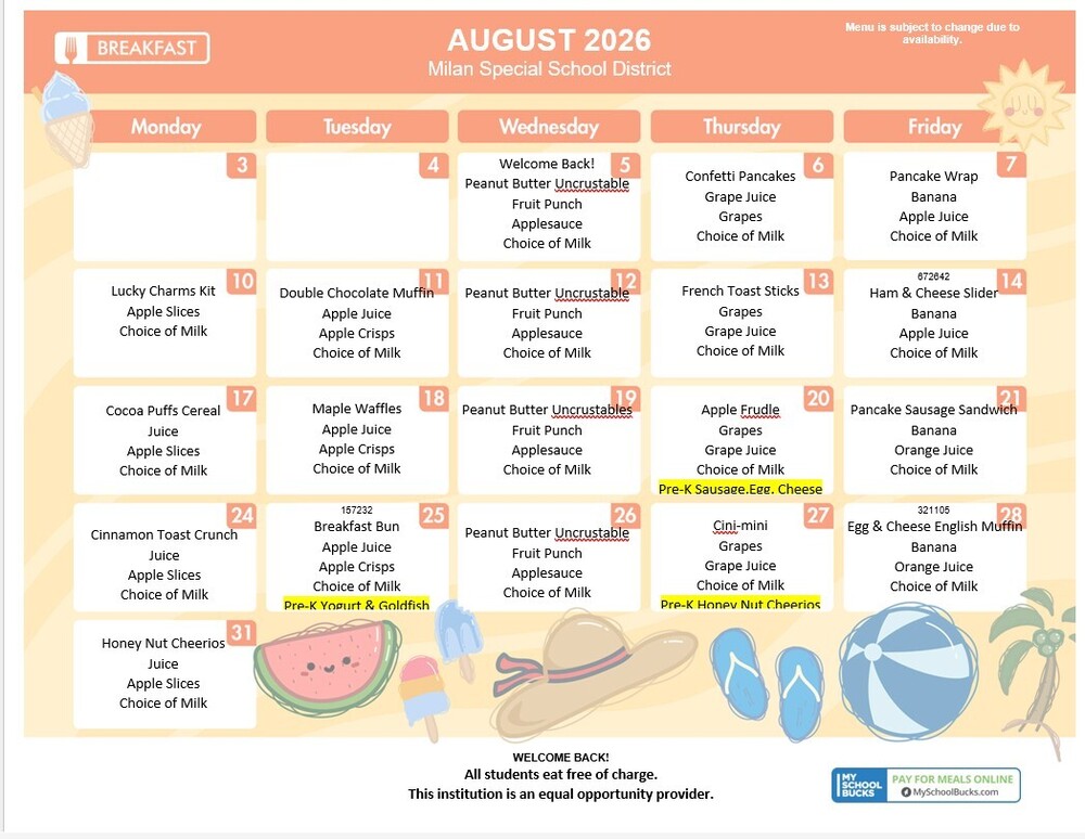 August Breakfast Menu