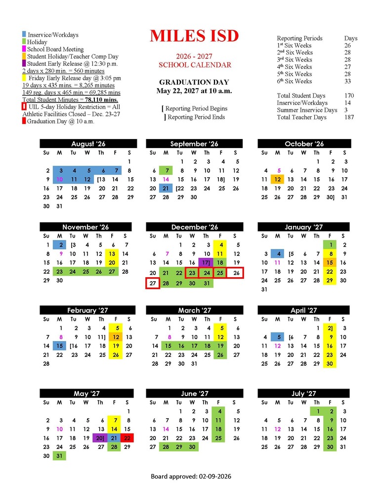 2026-2027 Miles ISD School Calendar
