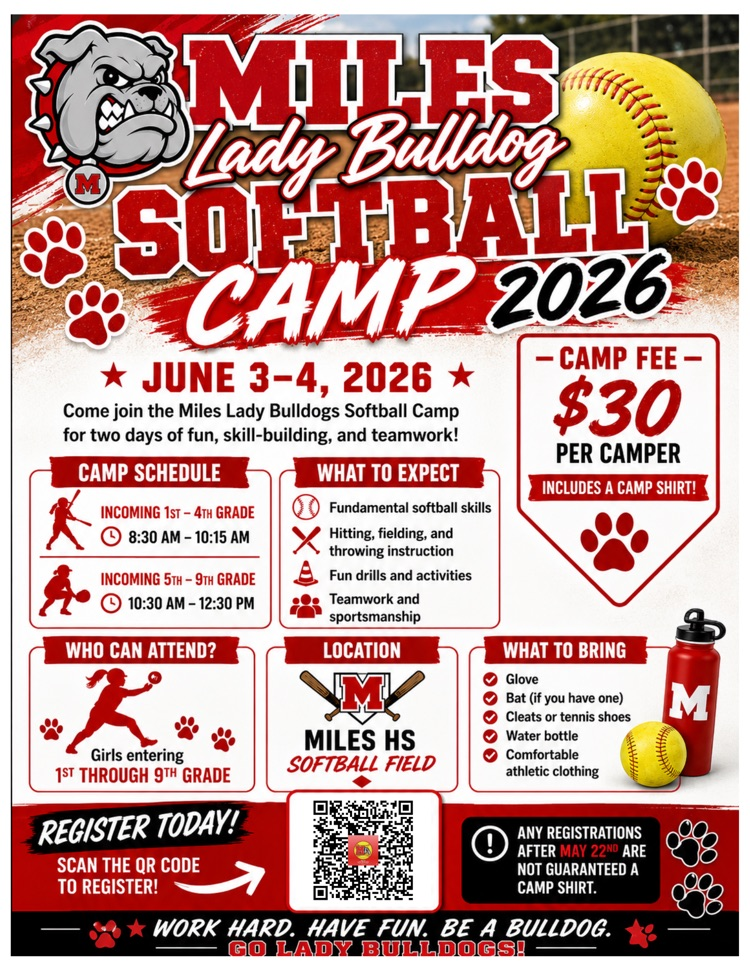 There is still time to get registered for 2026 Lady Bulldogs Softball Camp! June 3rd-4th. $30