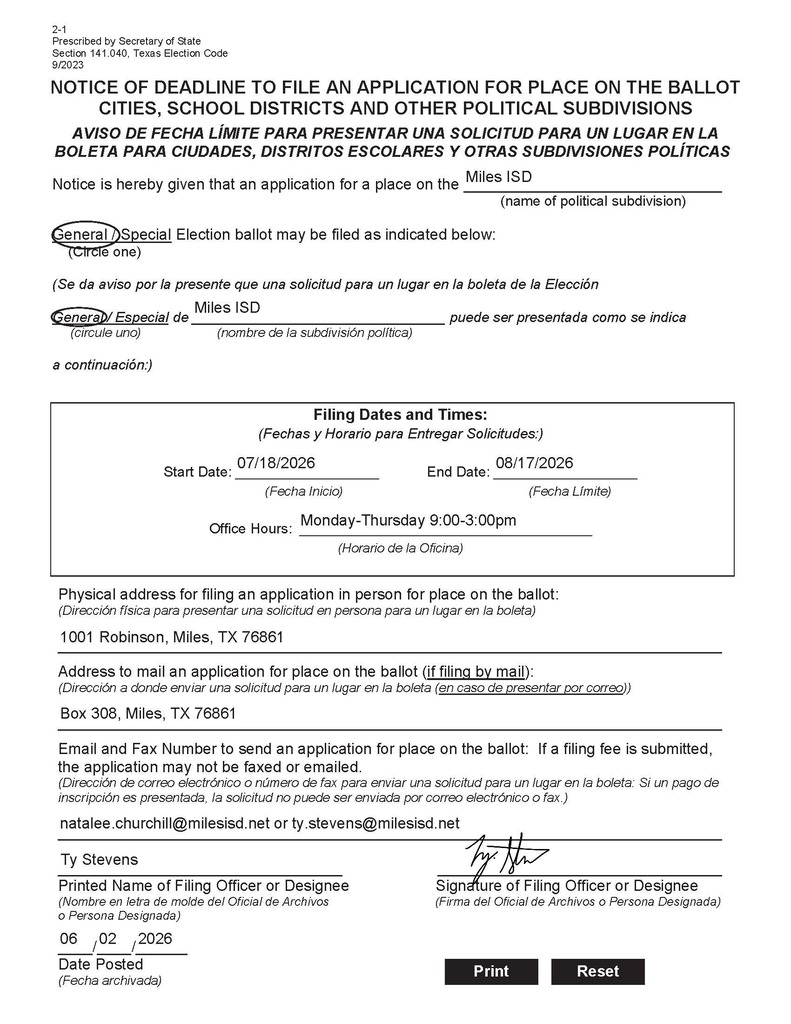 Miles ISD Notice of Election June 2, 2026