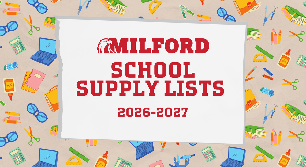 graphic saying Milford School Supply Lists