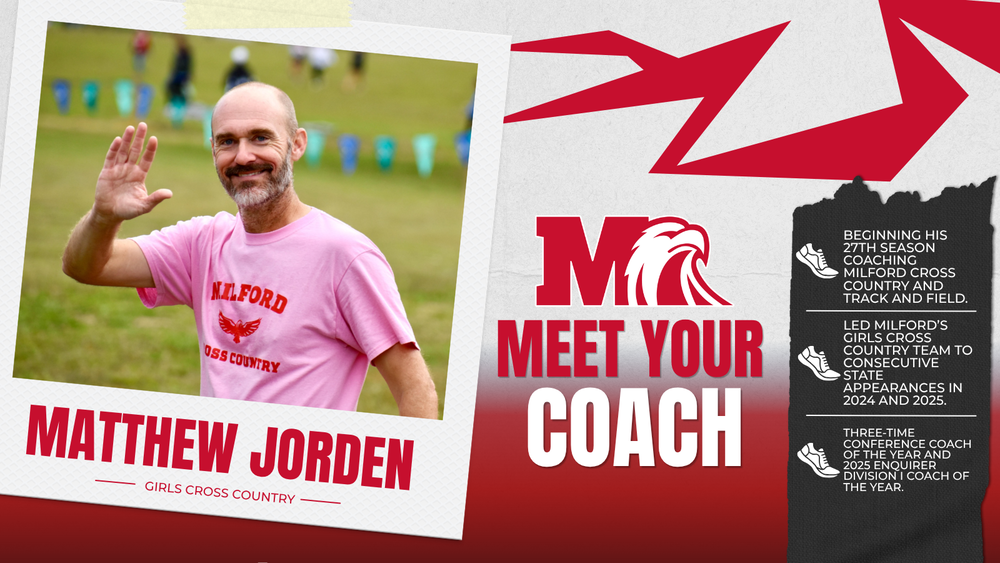 Meet Your Coach graphic featuring Matthew Jorden, Milford girls cross country head coach, waving while standing near a cross country course. Jorden is beginning his 27th season coaching Milford cross country and track and field. He led the girls cross country team to consecutive state appearances in 2024 and 2025 and is a three-time conference Coach of the Year and the 2025 Enquirer Division I Coach of the Year.