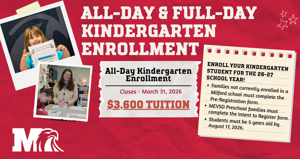 Graphic with a red background promoting “All-Day & Full-Day Kindergarten Enrollment.” The headline reads “All-Day Kindergarten Enrollment,” with a note that enrollment closes March 31, 2026, and tuition is $3,600. On the right side, a notepad-style graphic states: “Enroll your kindergarten student for the 26–27 school year!” with bullet points explaining that families not currently enrolled in a Milford school must complete the Pre-Registration form, MEVSD Preschool families must complete the Intent to Register form, and students must be 5 years old by August 17, 2026. The left side features two photos: one of a young student holding a kindergarten sign and another of a teacher working with a student at a classroom table. The Milford “M” logo with an eagle appears in the bottom left corner.