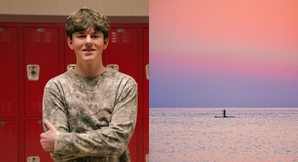 Boy with brown hair and camo outfit next to a photo of a paddleboarder