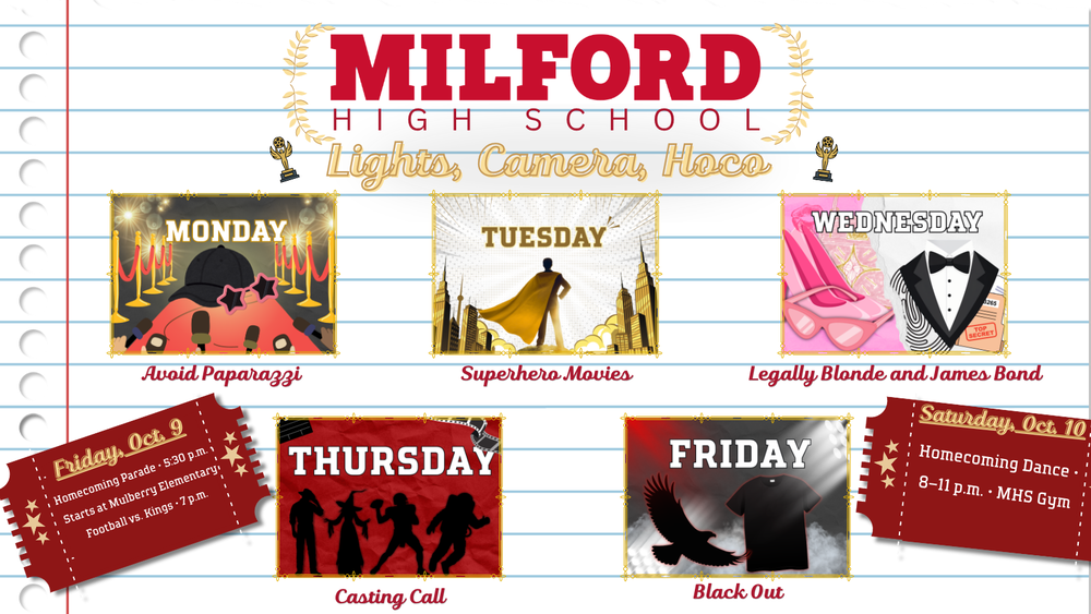 Milford High School’s “Lights, Camera, HoCo” graphic lists Spirit Week themes: Monday, Avoid Paparazzi; Tuesday, Superhero Movies; Wednesday, Legally Blonde and James Bond; Thursday, Casting Call; and Friday, Black Out. Movie-themed illustrations fill each day’s frame. The Homecoming parade begins Friday, October 9, at 5:30 p.m. at Mulberry Elementary, followed by Milford football against Kings at 7 p.m. The Homecoming dance is Saturday, October 10, from 8–11 p.m. in the MHS gym.