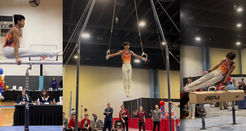 A three-panel collage showing Milford High School freshman Xander Dejkunchorn competing in gymnastics events at the USA Gymnastics Men’s Level 9 National Championships. In the left image, Xander performs on the parallel bars while judges observe from a table in the background. In the center image, he holds a suspended position on the rings apparatus inside a large competition arena. In the right image, Xander competes on the pommel horse while spectators and other athletes watch nearby.