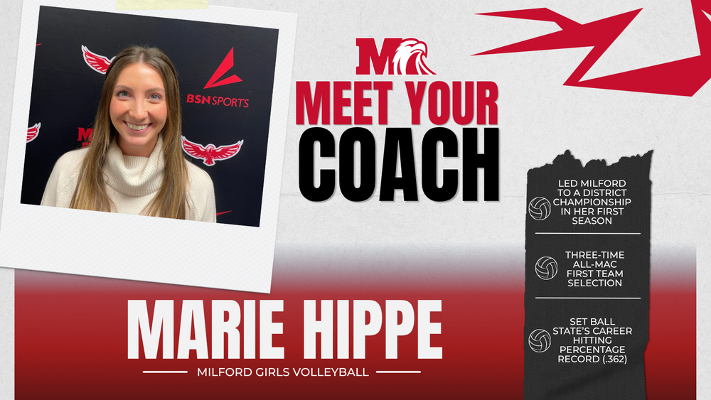 Meet Your Coach graphic featuring Marie Hippe, Milford girls volleyball coach, smiling in a portrait against a Milford Eagles backdrop. Text highlights: Led Milford to a district championship in her first season; three-time All-MAC First Team selection; and set Ball State’s career hitting percentage record at .362. The graphic uses Milford’s red, black and white colors, an Eagles logo and volleyball icons.