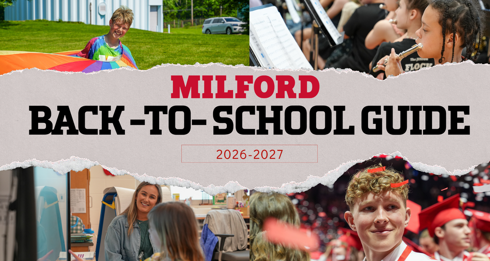 Cover graphic for the Milford 2026–2027 Back-to-School Guide. The design features two student photos separated by a torn paper effect. The top image shows a student playing the flute during a school music performance, while the bottom image shows a smiling student holding a colorful parachute outside on a sunny day. Large bold text in the center reads “Milford Back-to-School Guide,” with “2026–2027” displayed near the bottom.