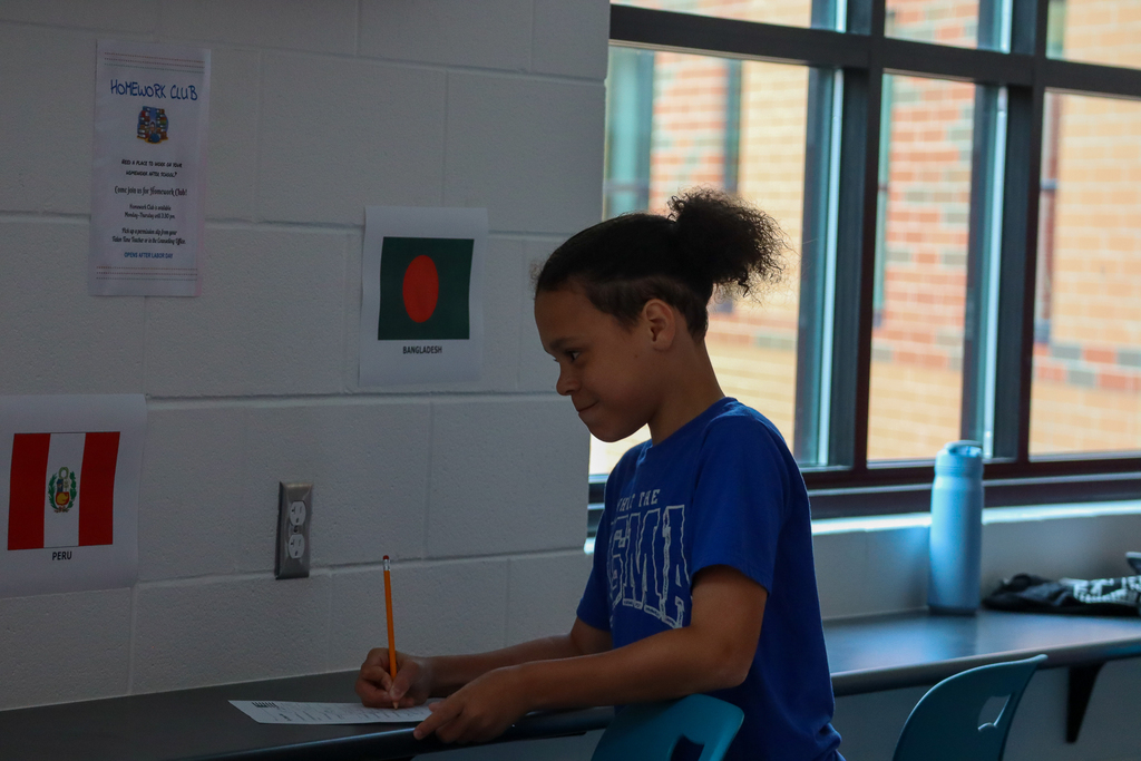 A boy with a ponytail looking at a flag and writing down notes