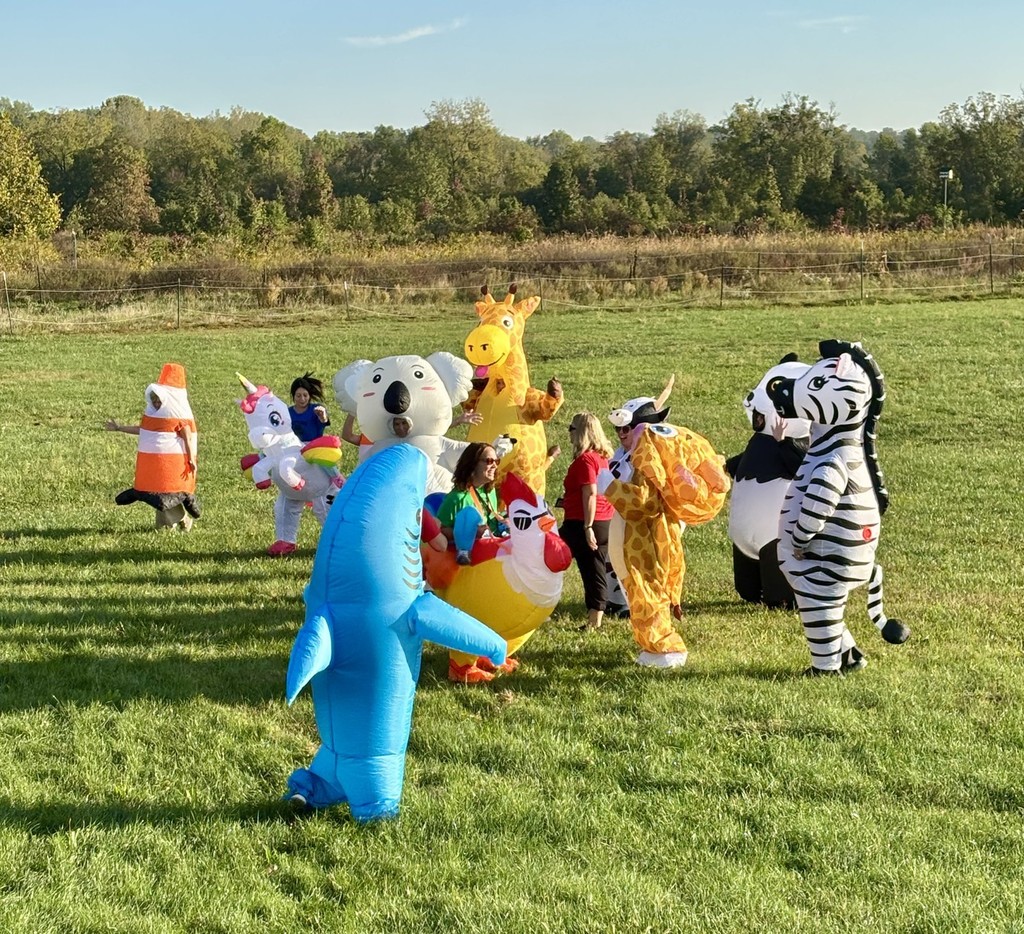 a bunch of blow up costumes on a field