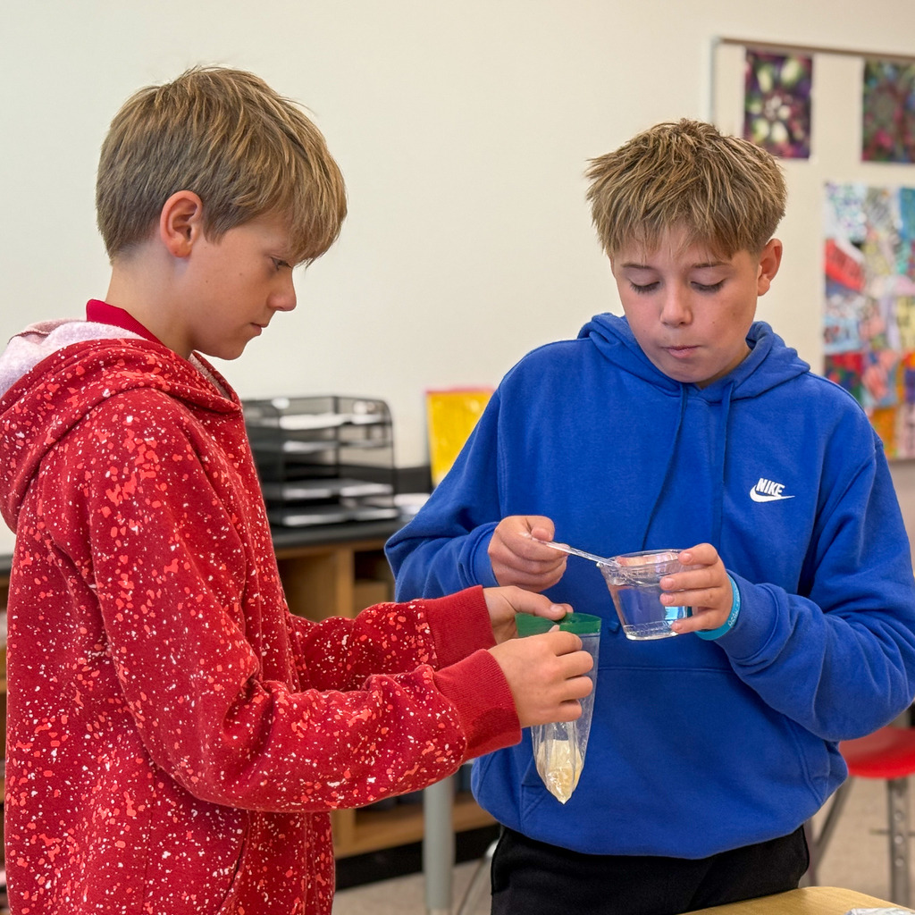 A boy in a blue hoodie pouring water into a bag with yellow goop