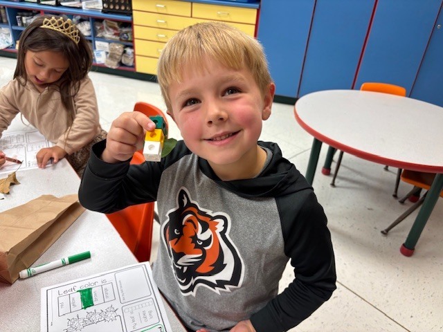 Boy with blonde hair holding cubes