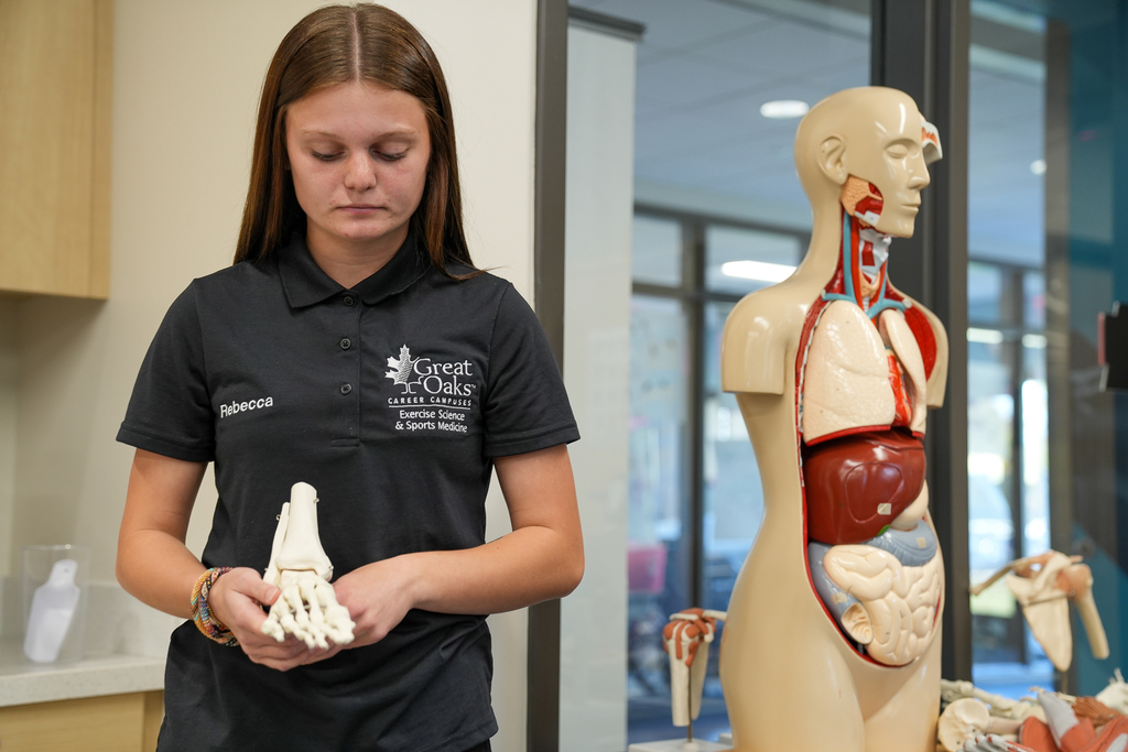 A girl examining the skeleton of a foot