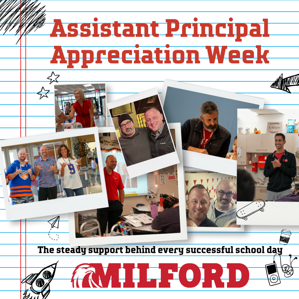 Graphic celebrating Assistant Principal Appreciation Week with a lined notebook paper background and red headline text. A collage of photos shows multiple assistant principals interacting with students and staff in classrooms and school settings, including greeting students, working one-on-one, and attending events. Decorative doodles like stars, arrows, and a skateboard surround the images. Text at the bottom reads, “The steady support behind every successful sch