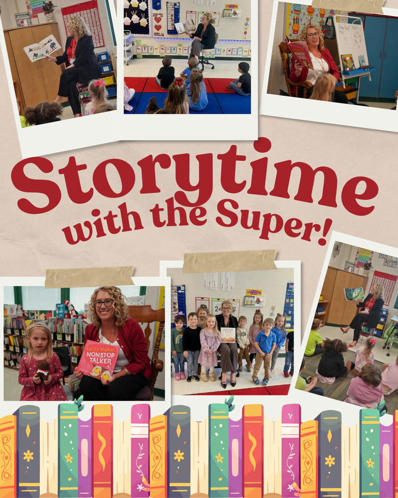 A collage graphic titled “Storytime with the Super!” shows Superintendent Dr. Fiori reading books to young students in a classroom. The images include her sitting and reading aloud to small groups of children, smiling and engaging with them, and posing with a group of students. A decorative row of colorful illustrated books runs along the bottom of the graphic.
