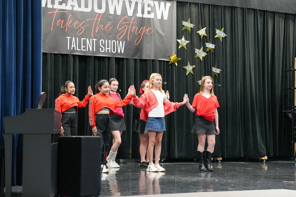 Group of students in red and black outfits perform a choreographed dance routine on stage during a school talent show.