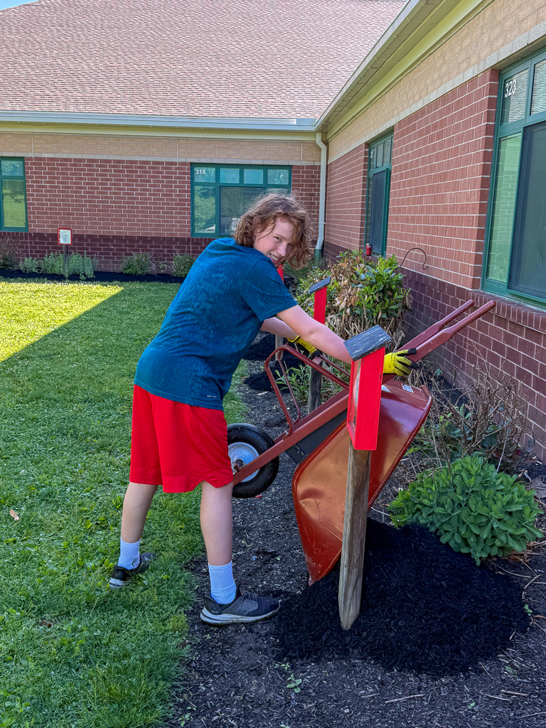 A student uses a wheelbarrow to move mulch along a garden bed beside a brick school building, wearing gloves and smiling at the camera.