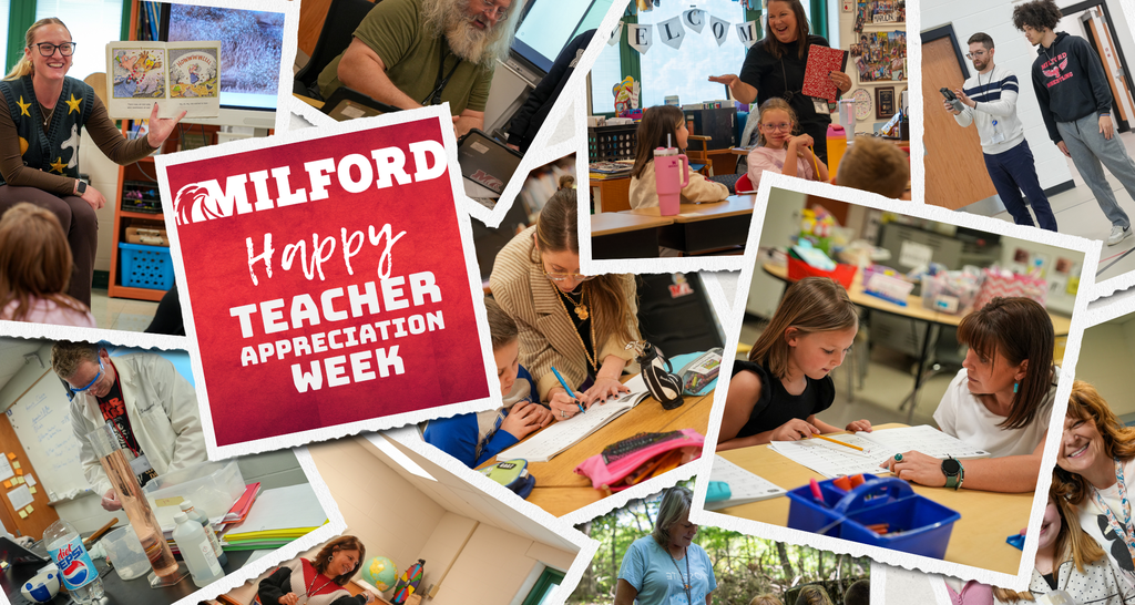 Graphic with a white background and a decorative blue border featuring apple icons. In the center, large bold text reads “HAPPY TEACHER APPRECIATION WEEK.” The design is clean and celebratory, using a school-themed color palette of blue, white, and red.