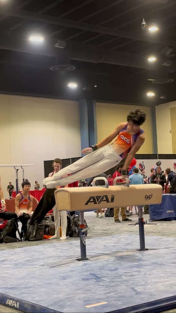 Milford High School freshman Xander Dejkunchorn performs on the pommel horse during the USA Gymnastics Men’s Level 9 National Championships.