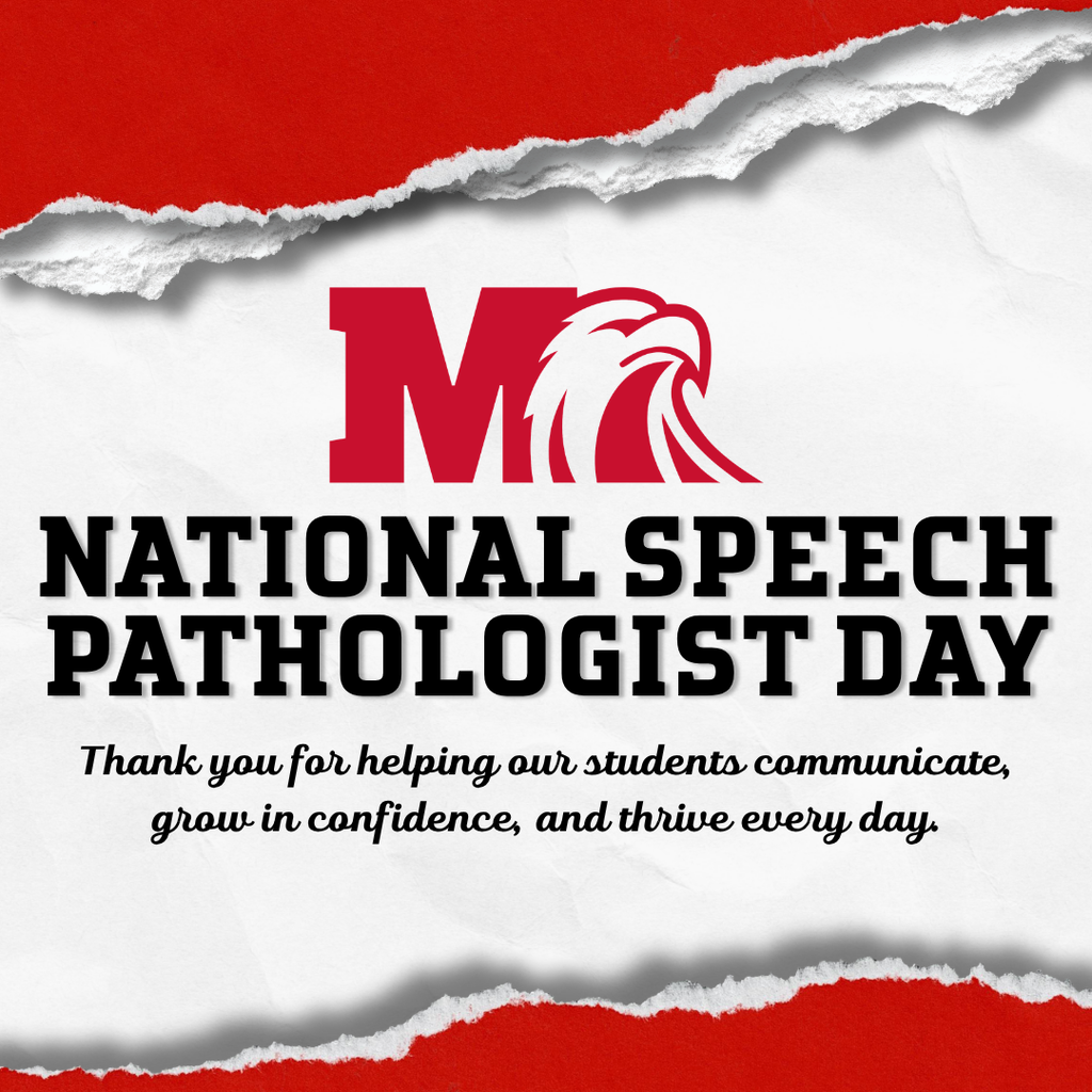 Graphic with a white crumpled paper background framed by torn Milford red paper across the top and bottom edges. At the top center is a red “M” logo with a white eagle head. Large bold black text reads “National Speech Pathologist Day.” Beneath the title, black script text reads, “Thank you for helping our students communicate, grow in confidence, and thrive every day.” The overall design uses Milford red, black, and white school colors with a clean paper-texture aesthetic.