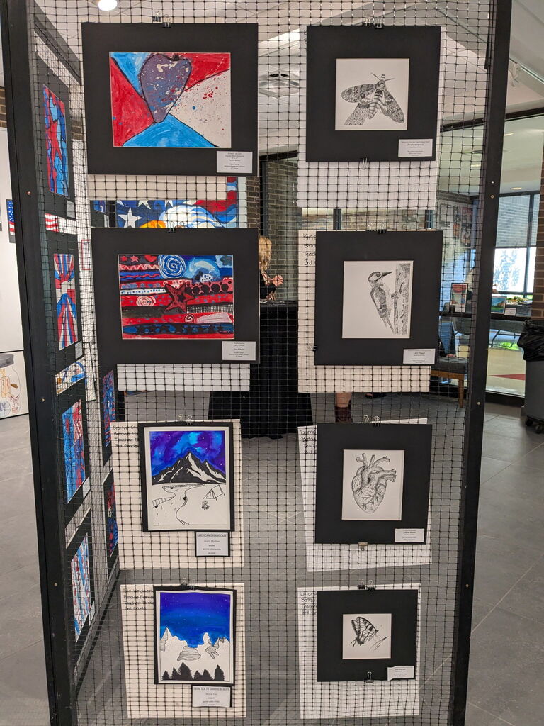 A gallery display featuring a variety of student artwork including colorful paintings, detailed ink drawings of birds and anatomy, and landscape-inspired pieces mounted on black wire panels.