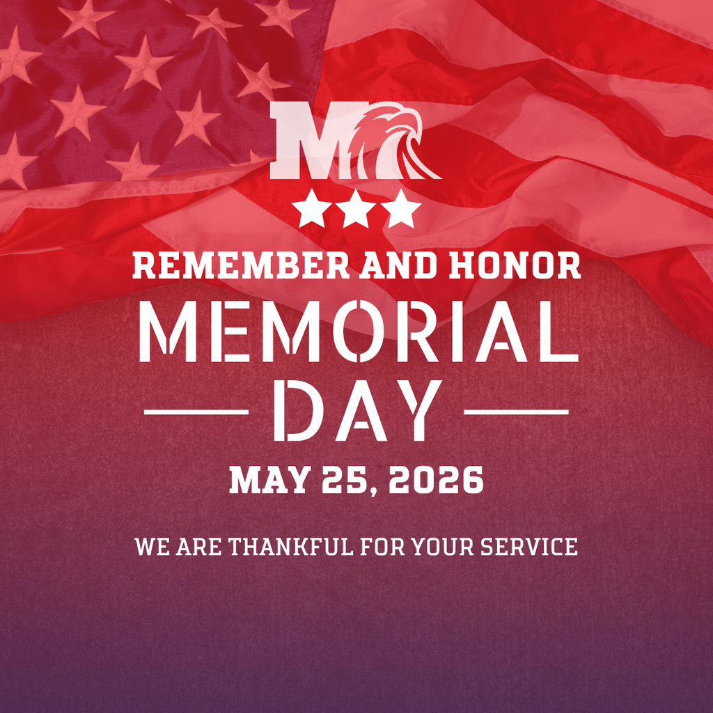 The graphic features a waving American flag background with Milford’s eagle logo centered near the top above three white stars. Large white text reads “Remember and Honor Memorial Day” followed by the date “May 25, 2026.” At the bottom, the graphic says, “We Are Thankful for Your Service.” The design uses patriotic red, white, and blue tones with a respectful and commemorative style.