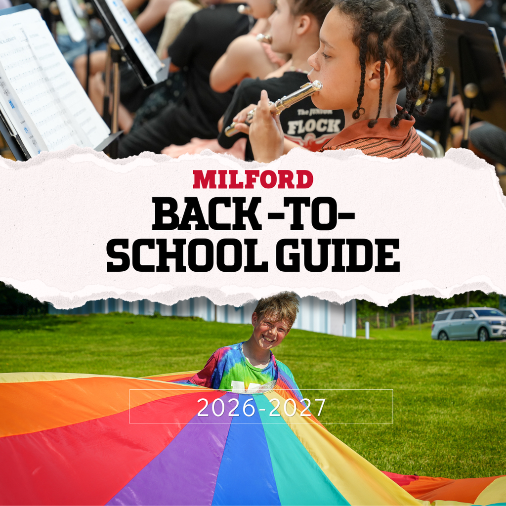 Cover graphic for the Milford 2026–2027 Back-to-School Guide. The design features two student photos separated by a torn paper effect. The top image shows a student playing the flute during a school music performance, while the bottom image shows a smiling student holding a colorful parachute outside on a sunny day. Large bold text in the center reads “Milford Back-to-School Guide,” with “2026–2027” displayed near the bottom.
