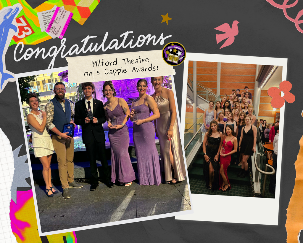 ADA Description: Celebratory graphic recognizing Milford High School Theatre for winning five Cappies Awards. The design features a scrapbook-style layout with colorful paper accents, stars, and theatre-themed decorations on a dark background. Two Polaroid-style photos show theatre students and staff posing with awards at the Cappies Awards Gala and a large group of students dressed formally on a staircase. Text across the graphic reads, “Congratulations” and “Milford Theatre on 5 Cappie Awards!” alongside the Cappies logo.