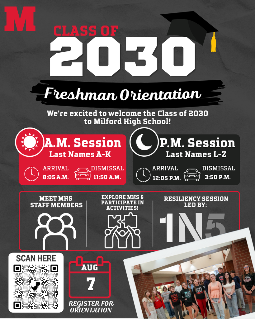 ADA Description: Graphic promoting Milford High School Freshman Orientation for the Class of 2030. The design features Milford’s red, black, and white colors with large text announcing the event. Information explains that students with last names A–K will attend the morning session and students with last names L–Z will attend the afternoon session. Highlights include opportunities to meet MHS staff members, explore the school, participate in activities, and attend resiliency sessions led by 1N5. A QR code is provided for registration, and a photo in the corner shows current Milford High School students gathered inside the school. The event takes place on August 7.